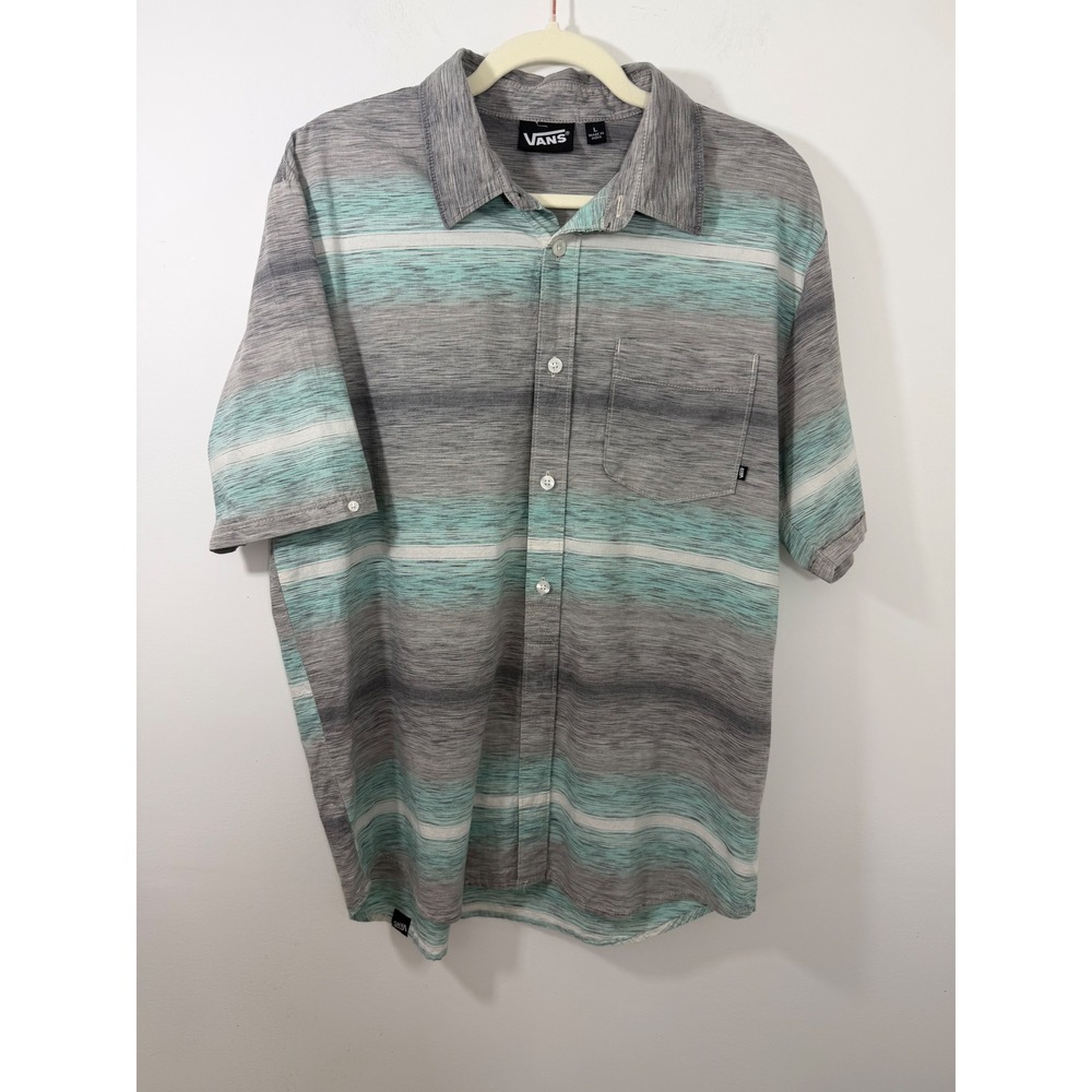 Vans Mens Large Short Sleeve Button Snap Up Shirt Striped Grey Teal Casual Skate